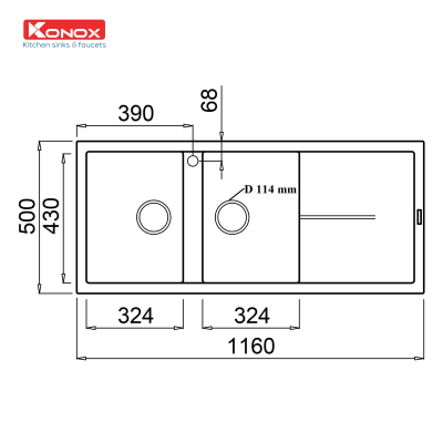 chau-rua-bat-da-2-ho-1-ban-konox-livello-smart-1160-grey-ky-thuat