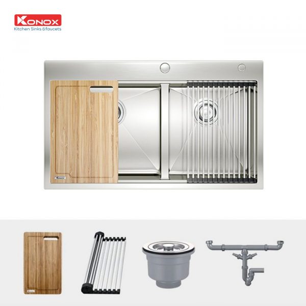 chau-rua-bat-inox-2-ho-konox-topmount-sink-kn8250td-phu-kien