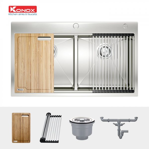 chau-rua-bat-inox-2-ho-konox-topmount-sink-kn8850td-phu-kien