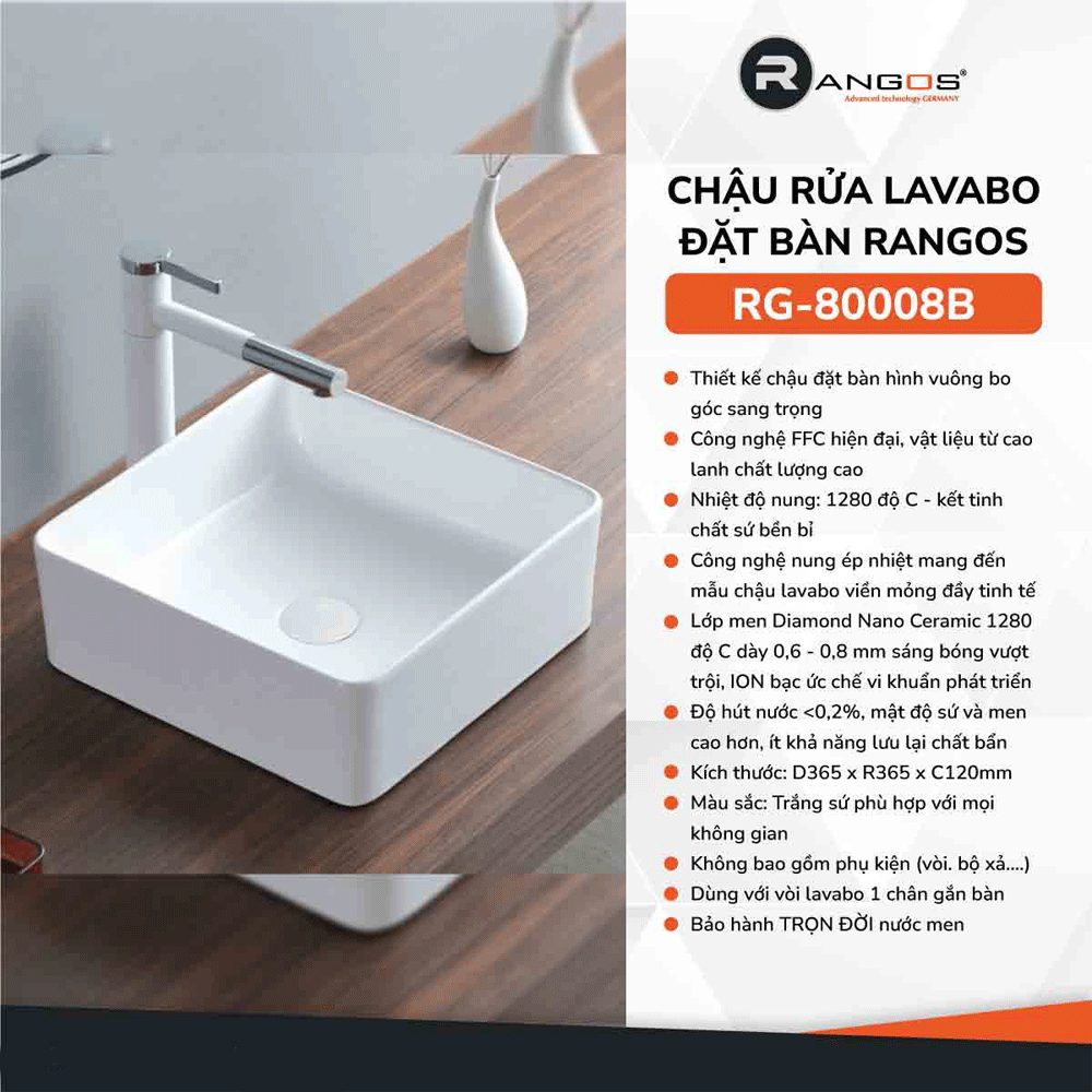 CHẬU RỬA MẶT LAVABO ĐẶT BÀN RANGOS RG-80008B - Giá tốt nhất